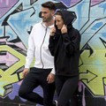 Black high funnel neck zip hoodie jacket with matching drawcords and white zip hoodie jacket with black contrast trim