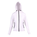 White ladies full-zip hoodie jacket with black contrast zip and side panels, funnel neck hood with drawcord
