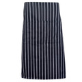 Navy blue and white pinstripe long waist apron with vertical stripes and flat front panel