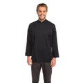 Black long-sleeved chef jacket with zipper front closure and mandarin collar