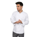 Man wearing white long-sleeve chef jacket with mandarin collar, concealed zip front and contrast dark snap cuff detail