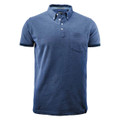 Slate blue melange pique polo with button-down collar, chest pocket and tonal navy tipping