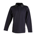 Navy long sleeve polo with contrast collar and three-button placket in moisture-wicking fabric