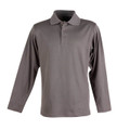 Charcoal grey long sleeve polo shirt with three-button placket and matching collar