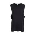 Black muscle tank with deep cut armholes and crew neckline, smooth cotton fabric ideal for decoration