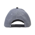 Heathered grey baseball cap with black contrast snapback closure and eyelets, rear view