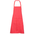 Red and white vertical striped bib apron with adjustable neck strap and front panel