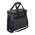 Charcoal grey insulated cooler bag with black handles, shoulder strap, and mesh side pocket