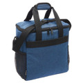 Navy blue heathered canvas cooler bag with black contrast handles and adjustable shoulder strap