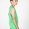 Side view of youth sleeveless tank in heather lime green with relaxed armholes and curved hem