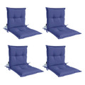 Navy blue quilted outdoor chair cushions with tie straps and flanged edges