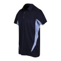 Navy polo shirt with sky blue contrast side panels and sleeve trim