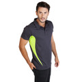 Man wearing charcoal and lime green contrast panel cool dry polo shirt with curved side insert