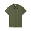 Army green men's short sleeve polo with two-button placket and raglan-style sleeves, flat lay packshot