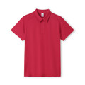 Crimson red men's short sleeve polo shirt with three-button placket and ribbed collar, flat lay packshot