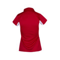 Deep red ladies polo shirt with white contrast panels at sides, rear view showing collar and raglan sleeves