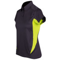 Women's charcoal and neon yellow contrast panel polo shirt with fitted cut and short sleeves