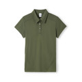 Olive green ladies short sleeve polo with contrast shoulder panels, three-button placket, and smooth flat front