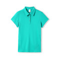 Women's aqua green short sleeve polo with contrast stitching, three-button placket and raglan-style sleeves, flat lay