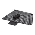 Black and grey plaid polar fleece picnic blanket with solid black backing and roll-up carry strap