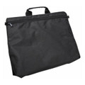 Black polyester satchel with top zip closure and short carry handle, flat front panel, packshot view