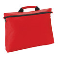 Red polyester zipped satchel with black zipper and short carry handle, flat front panel