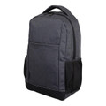 Charcoal grey canvas-texture laptop backpack with zip front pocket, mesh side panel, and black base trim