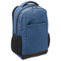 Steel blue heathered laptop backpack with black base panel, mesh side pockets, and contrast zip detail