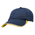 Navy blue sports cap with gold undervisor and white contrast piping along brim edge