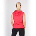 Woman wearing a red marle sleeveless hoodie tank, rear view, paired with black leggings