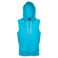 Cyan sleeveless pullover hoodie with drawstring, front kangaroo pocket and ribbed hem, packshot
