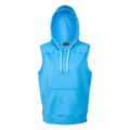 Sky blue marle sleeveless hoodie with white drawstring, kangaroo pocket and ribbed hem