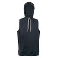 Navy sleeveless hooded tank with white drawcords and kangaroo pocket