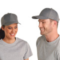 Man and woman wearing marle grey structured baseball caps with curved brims and smooth crown panels