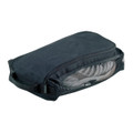 Charcoal grey shoe bag with zippered opening revealing storage compartment holding athletic shoes
