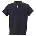 Navy polo shirt with red contrast tipping on collar and sleeves, modern fit styling