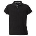 Black polo shirt with white contrast placket and collar trim, modern fit styling