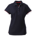 Navy ladies polo shirt with red contrast trim on collar and sleeves, modern fit silhouette