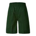 Bottle green plain school shorts with elasticated waistband and structured front panels, flat lay packshot
