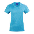 Bright turquoise heather ladies v-neck tee with reflective piping detail on shoulders and sleeves