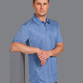 Man wearing heather royal blue performance polo with white reflective shoulder and side piping