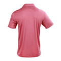 Back view of men's heather red short sleeve polo shirt with subtle marled texture on mannequin