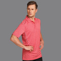 Man wearing coral marl short sleeve polo with white reflective side piping and open placket