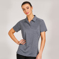 Charcoal grey marle ladies polo shirt with reflective piping detail on shoulders and collar