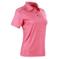Coral pink heather ladies polo shirt with reflective piping detail on shoulders and three-button placket