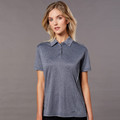 Charcoal grey women's polo shirt with reflective piping detail on shoulders and sleeves
