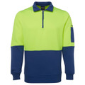 Hi-vis lime fleece sweater with navy contrast collar, lower body, sleeves and half-zip placket