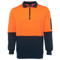 Hi-vis orange and navy fleece sweater with half zip, contrasting collar and ribbed cuffs with sleeve pocket