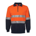Fluorescent orange and navy fleece sweater with silver reflective tape and half zip collar
