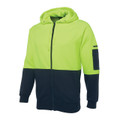 Hi-vis lime and navy two-tone hooded fleece jacket with full front zip and contrast colour blocking on sleeves